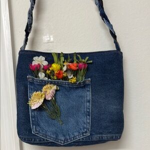 Denim Shoulder Bag with Floral Pocket